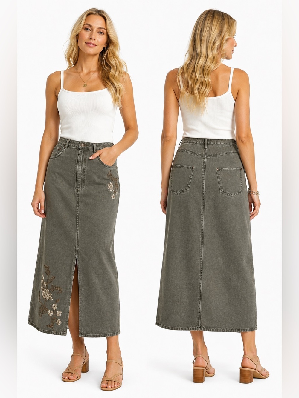 Marsh Landing Olive Denim Boho Midi Skirt, Floral Embroidery & Front Slit, M (8)